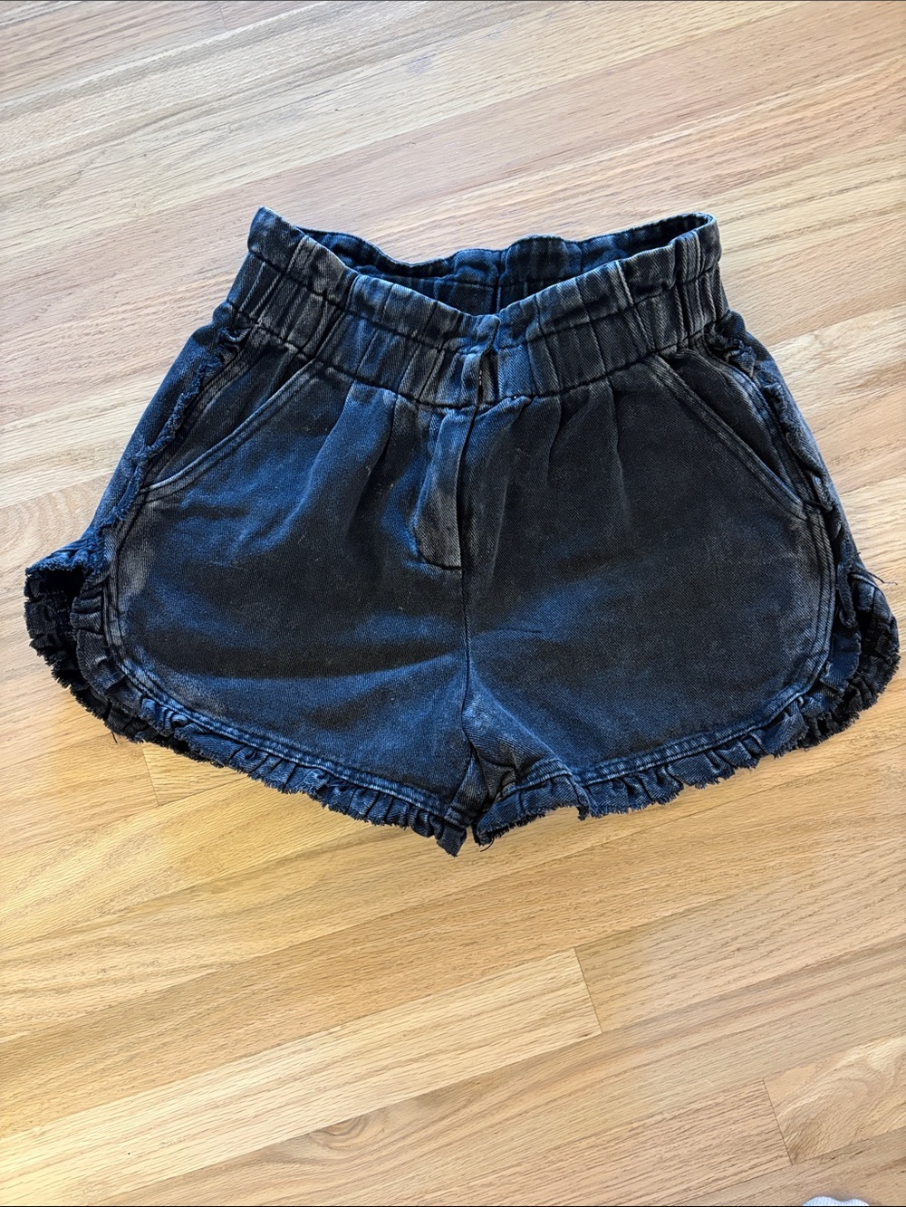 Women's Black Denim Ruffle Hem Pull-On Shorts